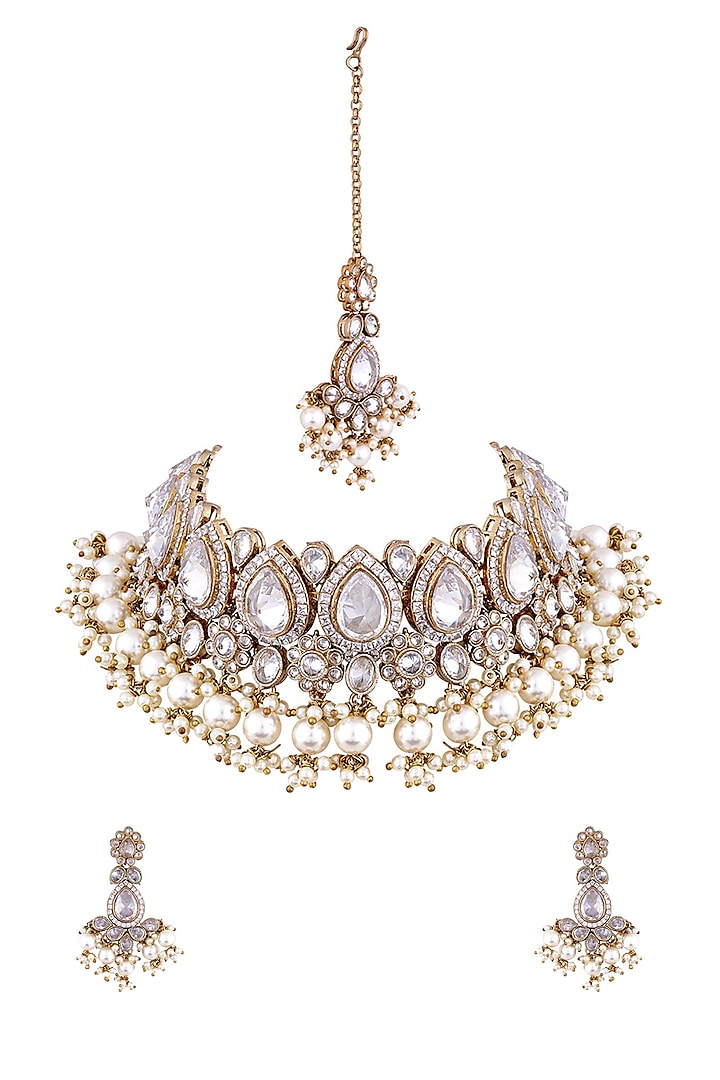 Gold Finish Pearl & Beaded Necklace Set by Anayah Jewellery