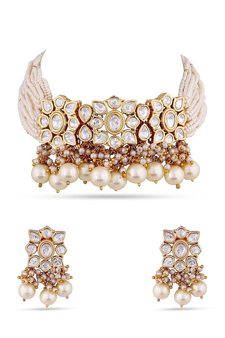 Gold Finish Kundan Polki & Pearl Choker Necklace Set by Anayah Jewellery