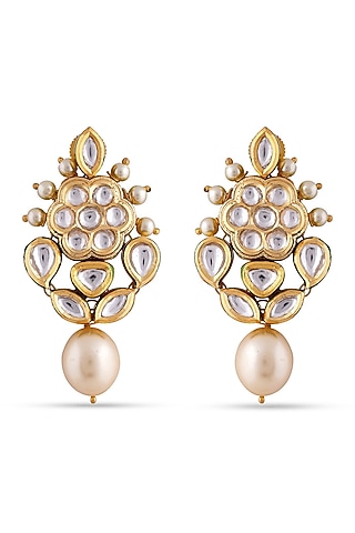 Gold Finish Kundan Polki & Pearl Dangler Earrings by Anayah Jewellery