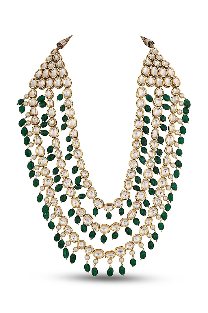 Gold Finish Kundan Polki & Green Drops Necklace by Anayah Jewellery