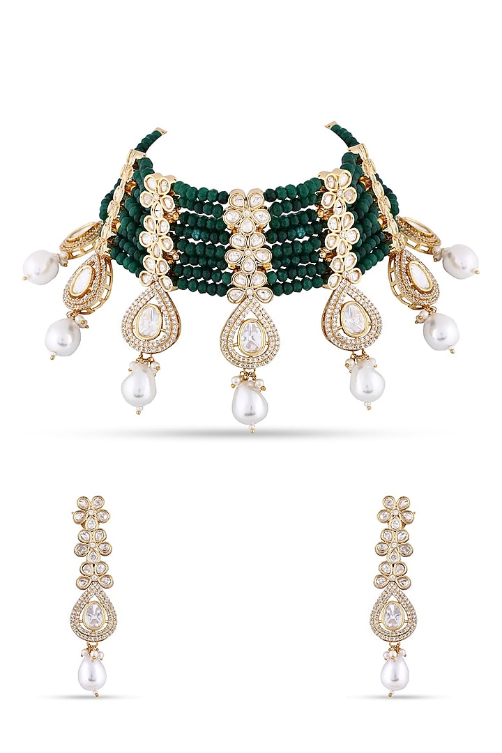 Gold Finish Kundan Polki & Green Beaded Necklace Set by Anayah Jewellery at Pernia's Pop Up Shop