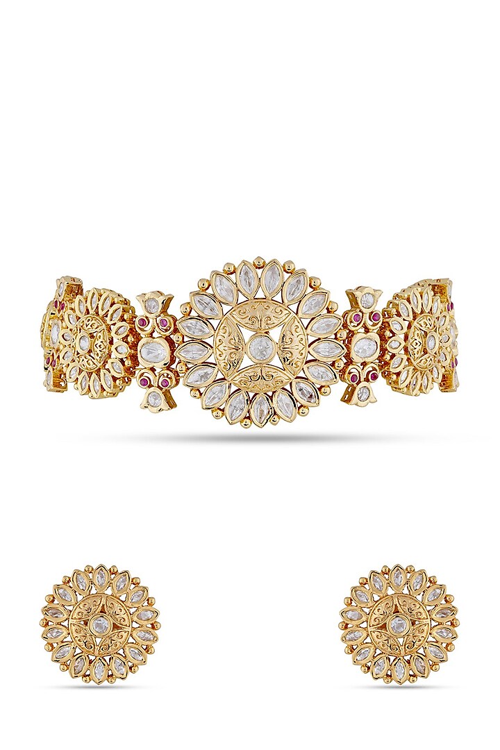 Gold Finish Handcrafted Kundan Polki Choker Necklace Set by Anayah Jewellery