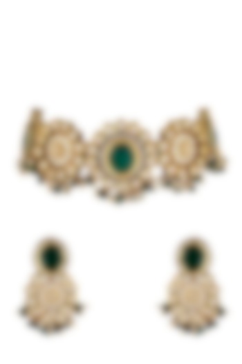 Gold Finish Kundan Polki & Green Stone Choker Necklace Set by Anayah Jewellery