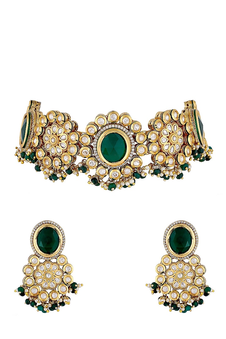 Gold Finish Kundan Polki & Green Stone Choker Necklace Set by Anayah Jewellery