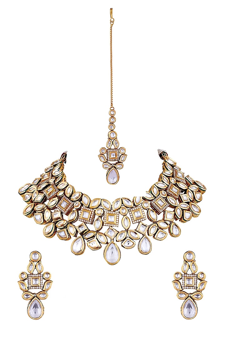 Gold Finish Kundan Polki Necklace Set by Anayah Jewellery