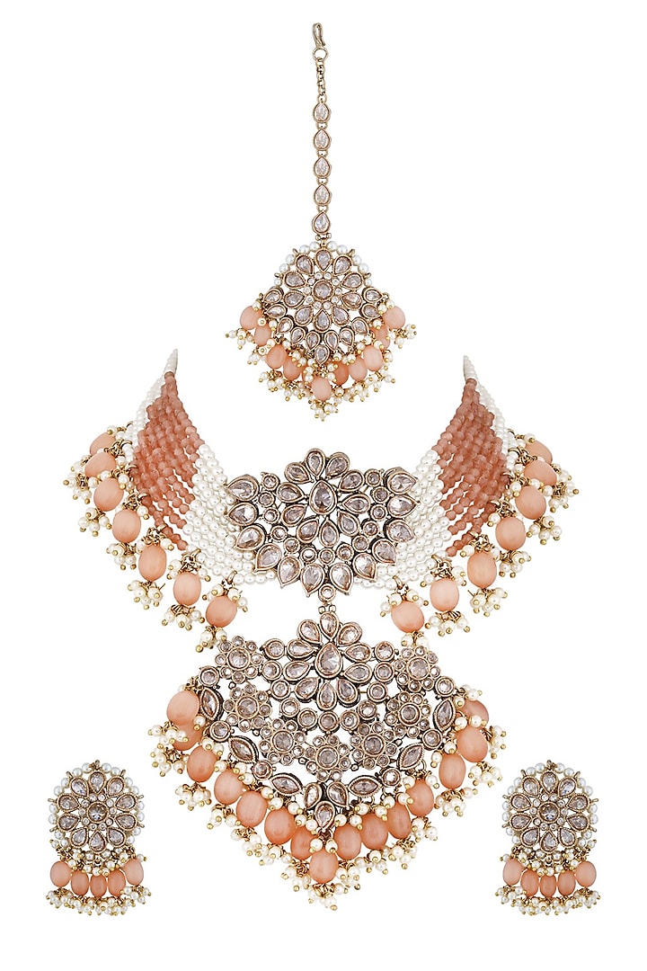 Rose Gold Finish Kundan Polki Bridal Choker Necklace Set by Anayah Jewellery