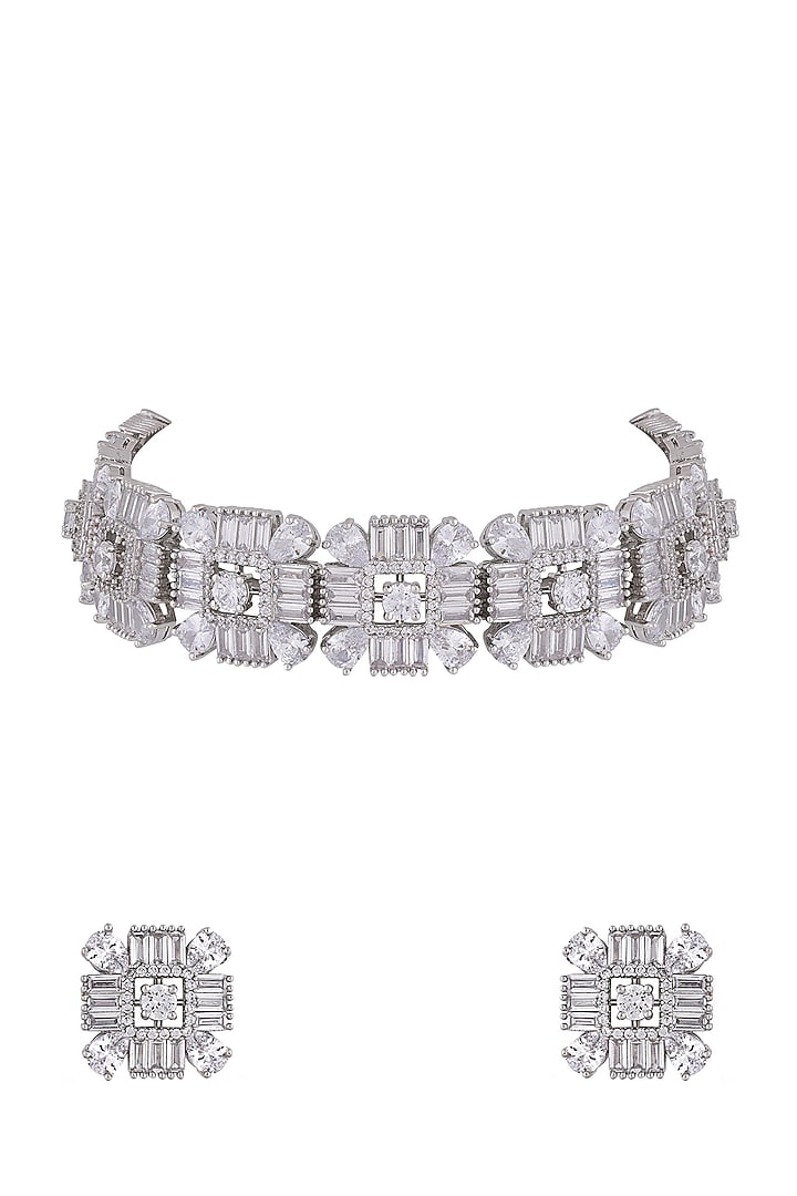 White Finish Cubic Zirconia Choker Necklace Set by Anayah Jewellery
