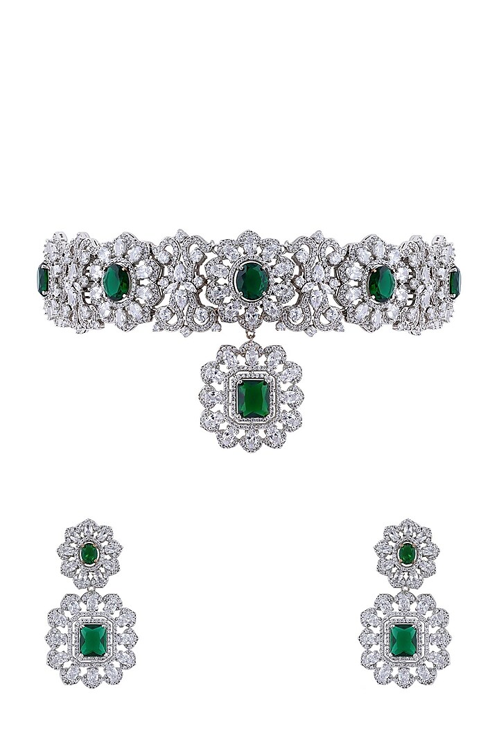 White Finish Cubic Zirconia & Green Stone Choker Necklace Set by Anayah Jewellery