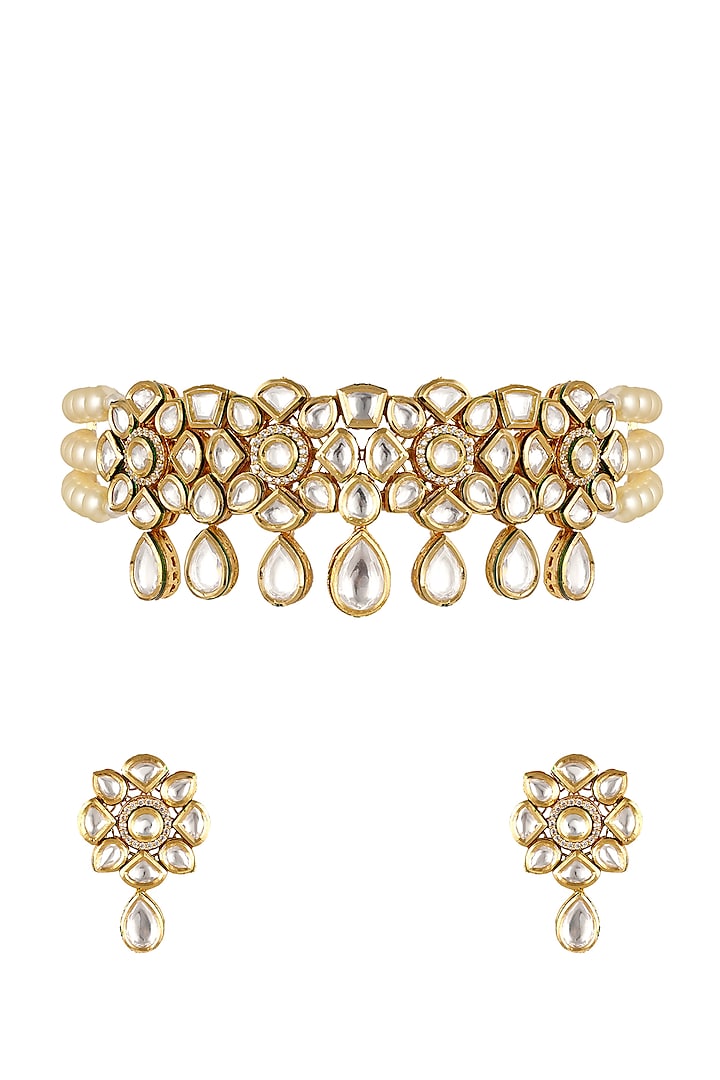 Gold Finish Kundan Choker Necklace Set by Anayah Jewellery