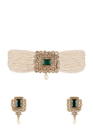 Antique Gold Finish Pearl Choker Necklace Set by Anayah Jewellery