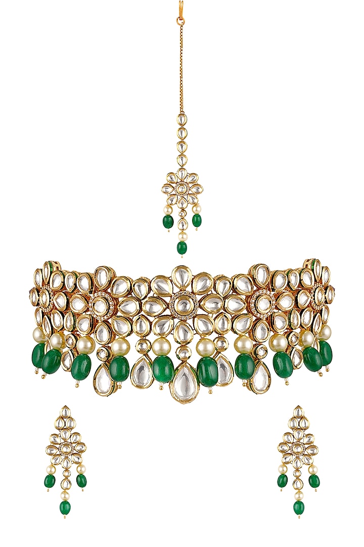 Gold Finish Pearl & Kundan Necklace Set by Anayah Jewellery