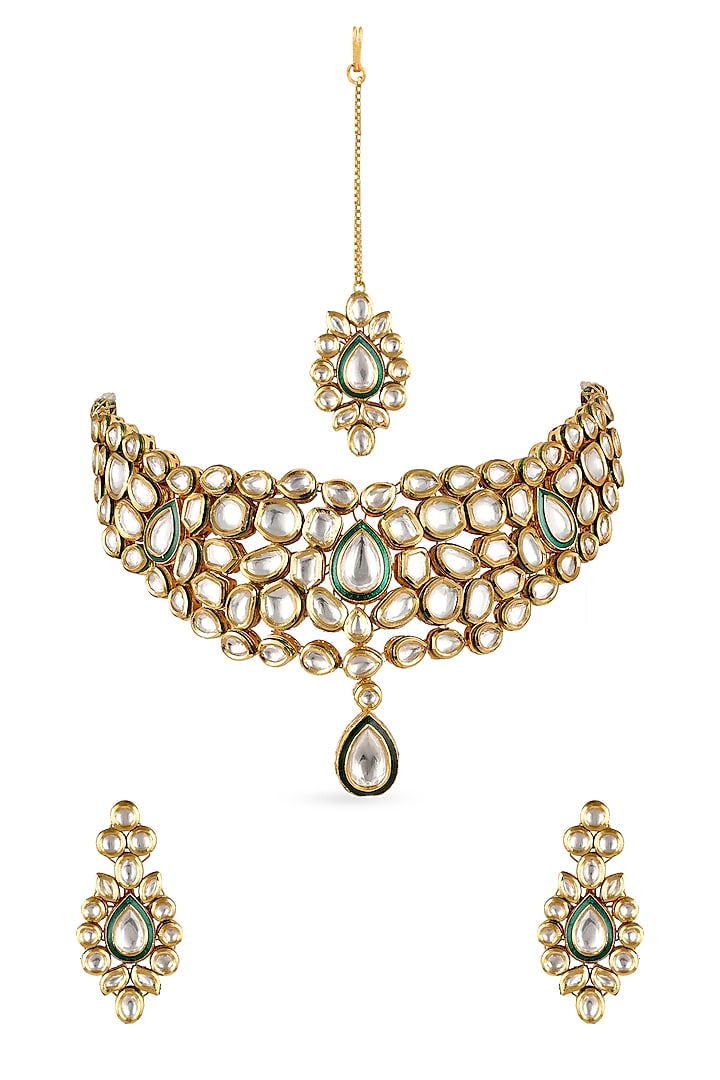 Gold Finish Kundan Necklace Set by Anayah Jewellery
