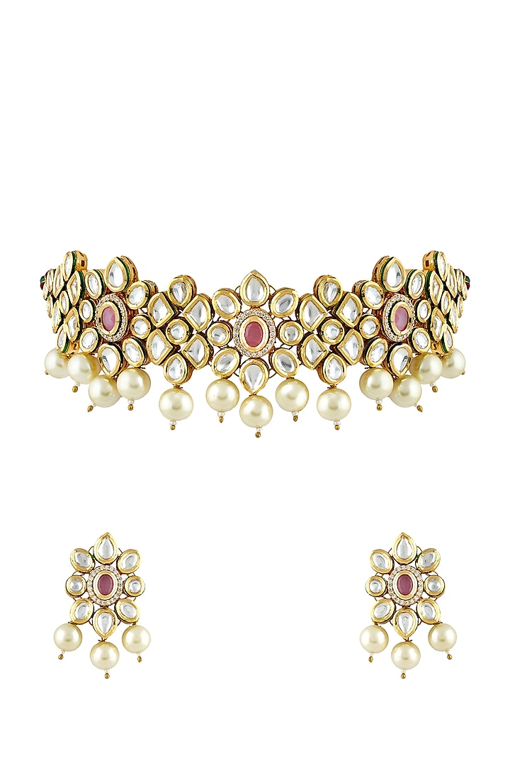 Gold Finish Necklace Set With Kundan by Anayah Jewellery
