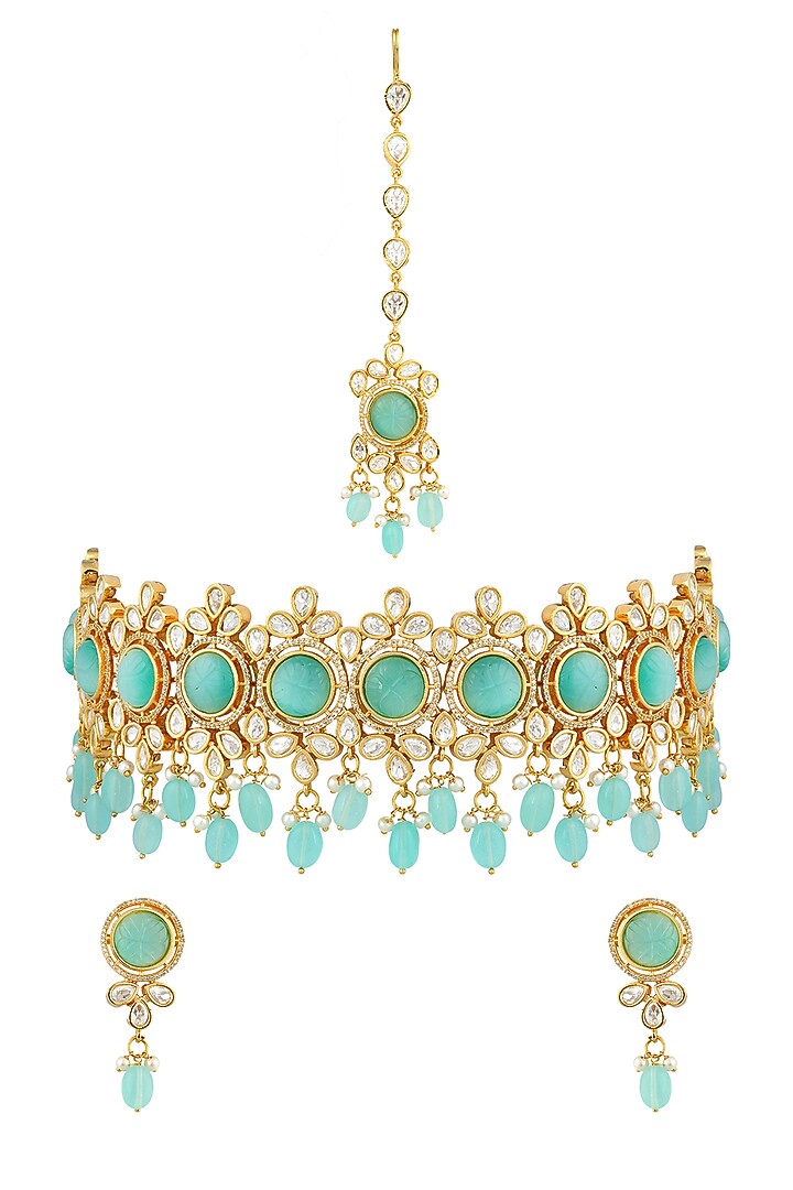 Gold Finish Choker Necklace Set With Maang Tikka by Anayah Jewellery at Pernia's Pop Up Shop