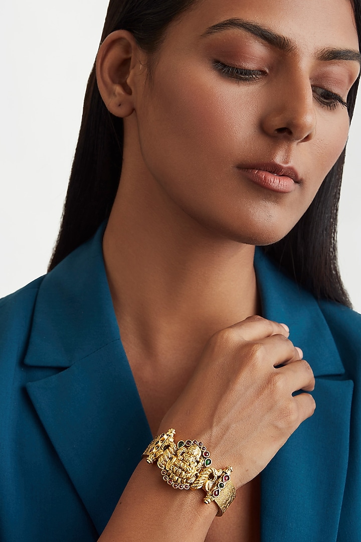 Gold Plated Goddess Lakshmi Bangle In Sterling Silver by Ahilya Jewels at Pernia's Pop Up Shop