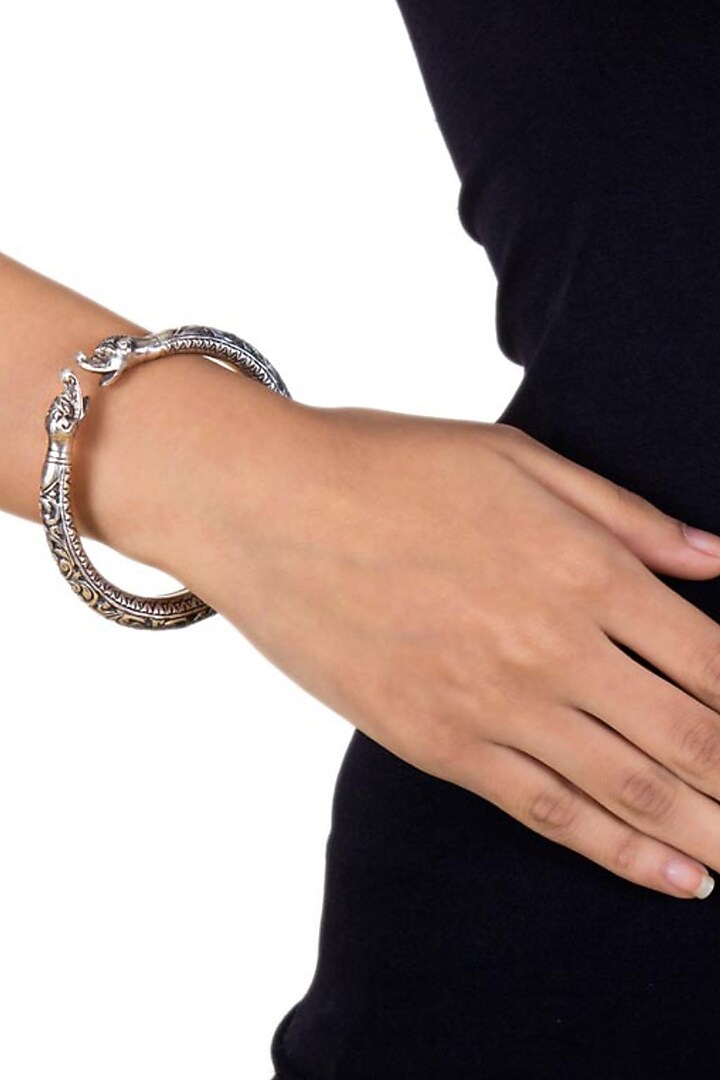 Silver Finish Floral Kada In Sterling Silver by Ahilya Jewels at Pernia's Pop Up Shop