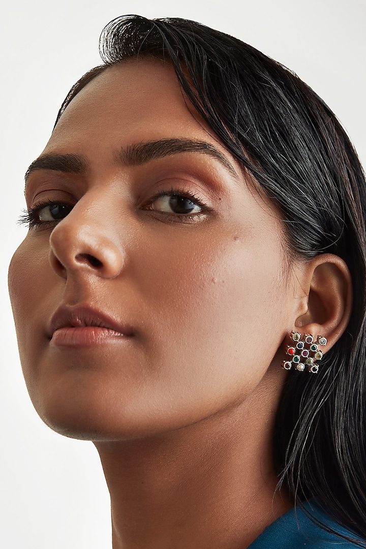 Multi-Colored Gemstone Stud Earrings In Sterling Silver by Ahilya Jewels