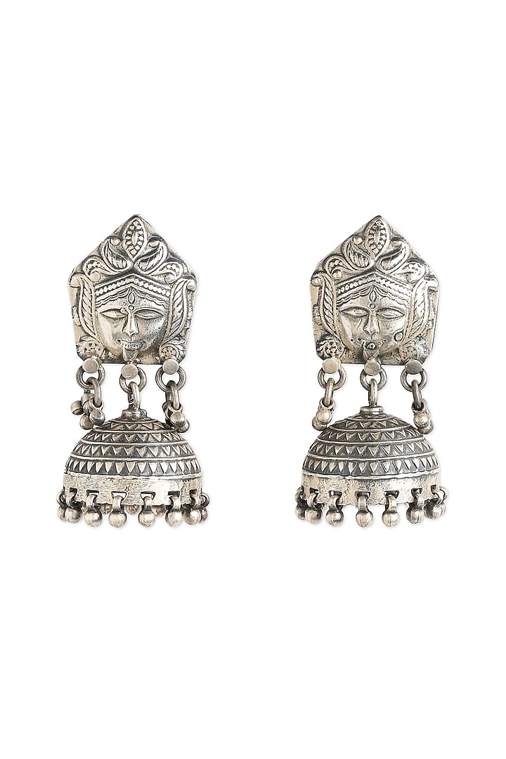 Silver Finish Goddess Durga Dangler Earrings In Sterling Silver by Ahilya Jewels