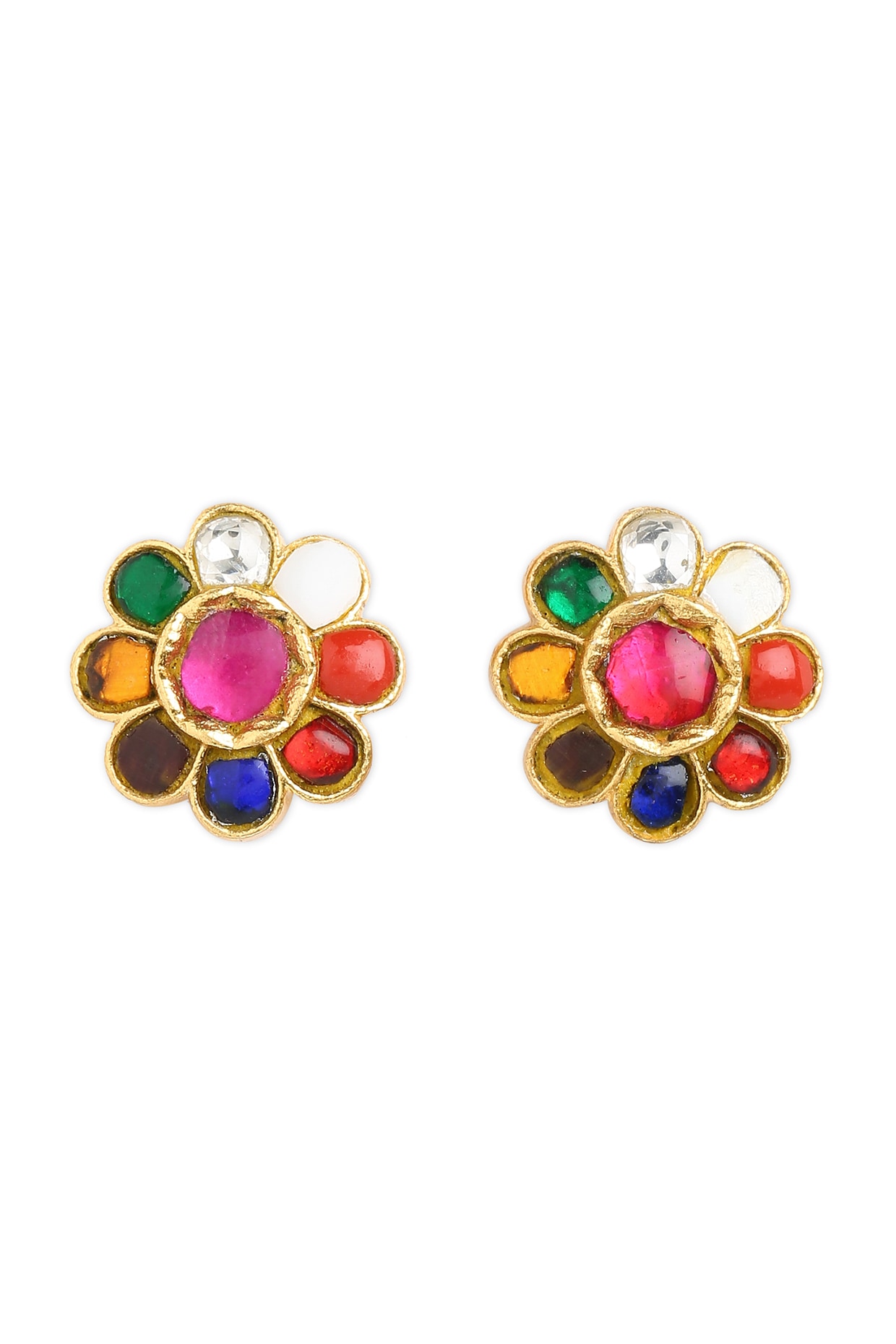 Navratna Polki Jadau Earrings With Carved Ruby Drops  Jaipur Jewels