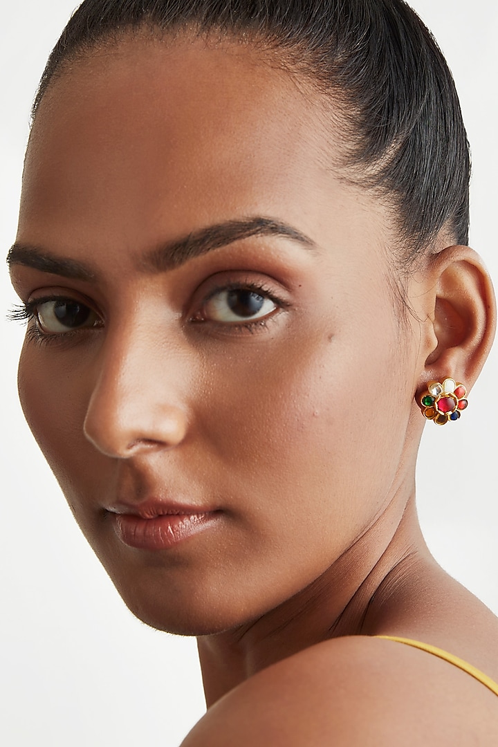 Gold Plated Navratna Stone Stud Earrings In Sterling Silver Design by  Ahilya Jewels at Pernia's Pop Up Shop 2023