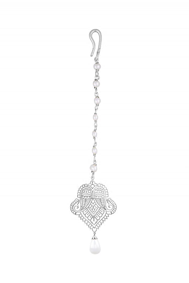 Silver Finish Pearl Drop Maangtikka In Sterling Silver by Ahilya Jewels at Pernia's Pop Up Shop