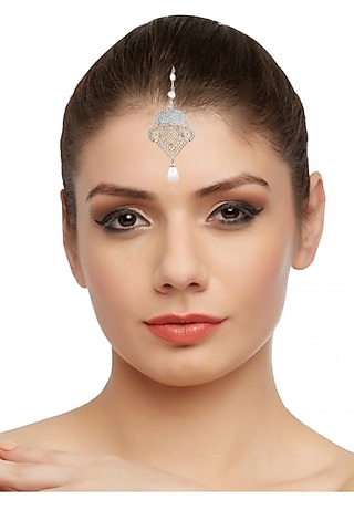 Silver Finish Pearl Drop Maangtikka In Sterling Silver by Ahilya Jewels