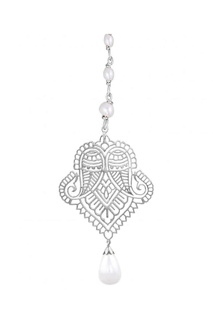 Silver Finish Pearl Drop Maangtikka In Sterling Silver by Ahilya Jewels at Pernia's Pop Up Shop