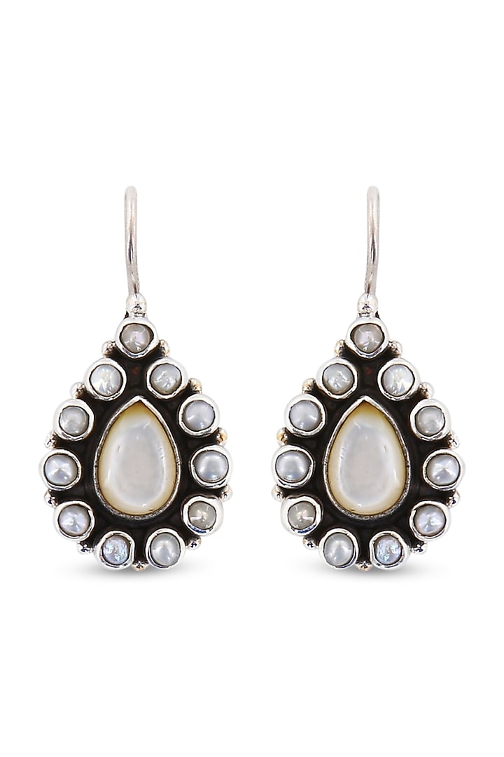Silver Finish Mother Of Pearl Dangler Earrings In Sterling Silver by Ahilya Jewels at Pernia's Pop Up Shop