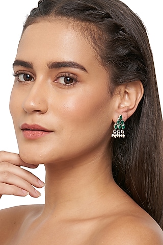 Green Onyx & Pearl Stud Earrings In Sterling Silver by Ahilya Jewels