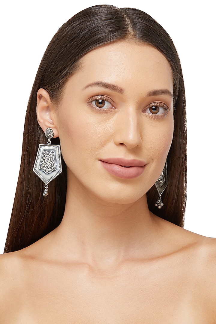 Silver Peacock & Floral Earrings In Sterling Silver by Ahilya Jewels