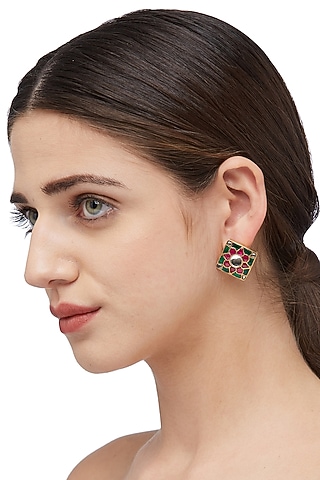 Gold Plated Ruby Square Stud Earrings In Sterling Silver by Ahilya Jewels