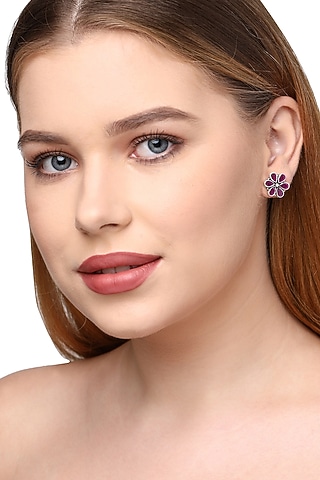 Red Onyx Floral Stud Earrings In Sterling Silver by Ahilya Jewels