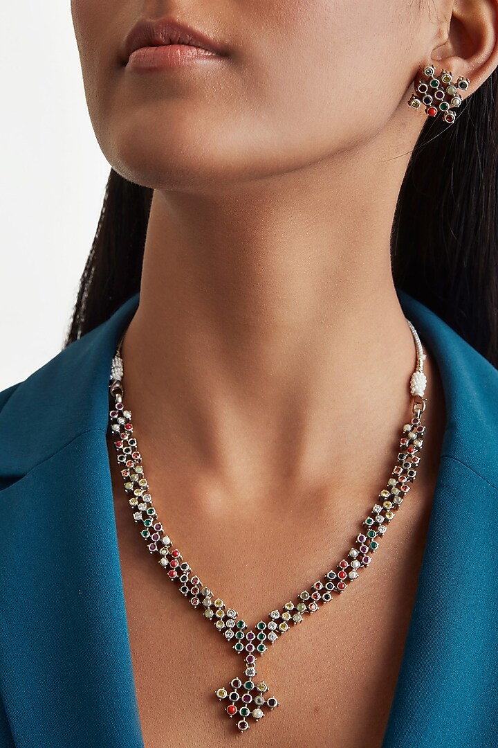 Navratna Bead Temple Necklace In Sterling Silver by Ahilya Jewels at Pernia's Pop Up Shop