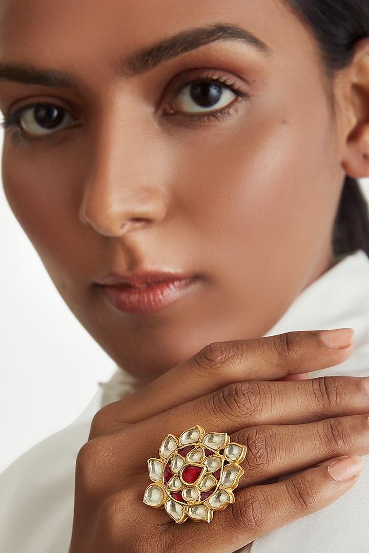 Gold Plated Red Stone Floral Ring In Sterling Silver by Ahilya Jewels at Pernia's Pop Up Shop
