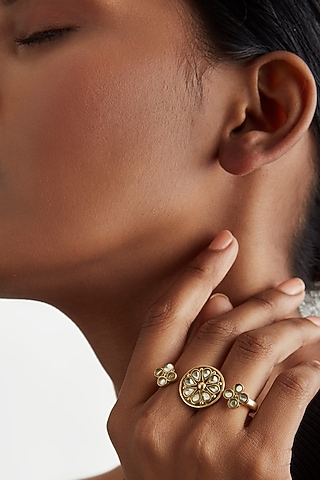 Gold Plated Kundan Double Ring In Sterling Silver by Ahilya Jewels