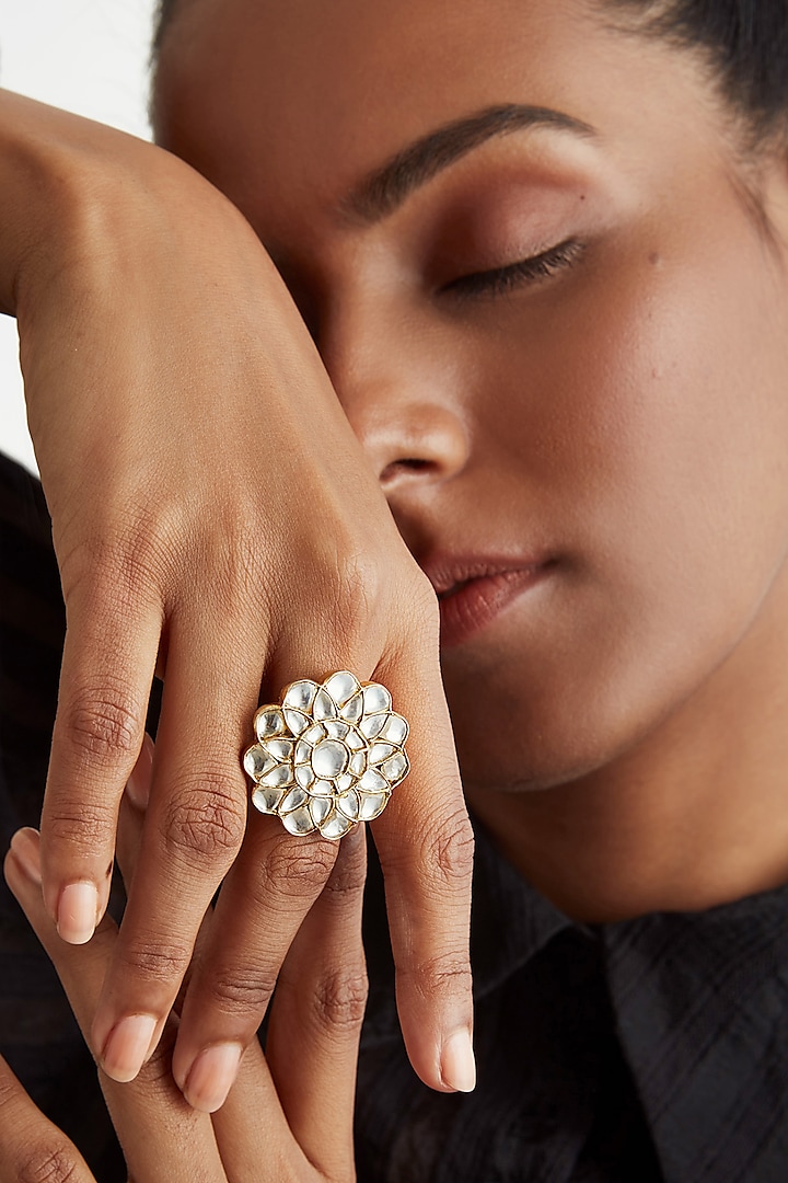 Gold Plated Pearl Jadau Floral Ring In Sterling Silver by Ahilya Jewels