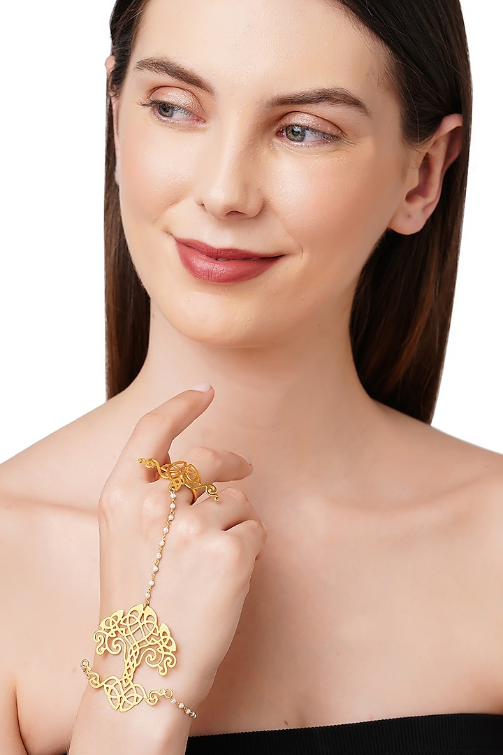 Gold Plated Freshwater Pearl Hand Harness In Sterling Silver by Ahilya Jewels