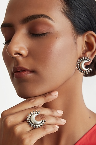 Silver Finish Moon Stud Earrings With Ring In Sterling Silver by Ahilya Jewels