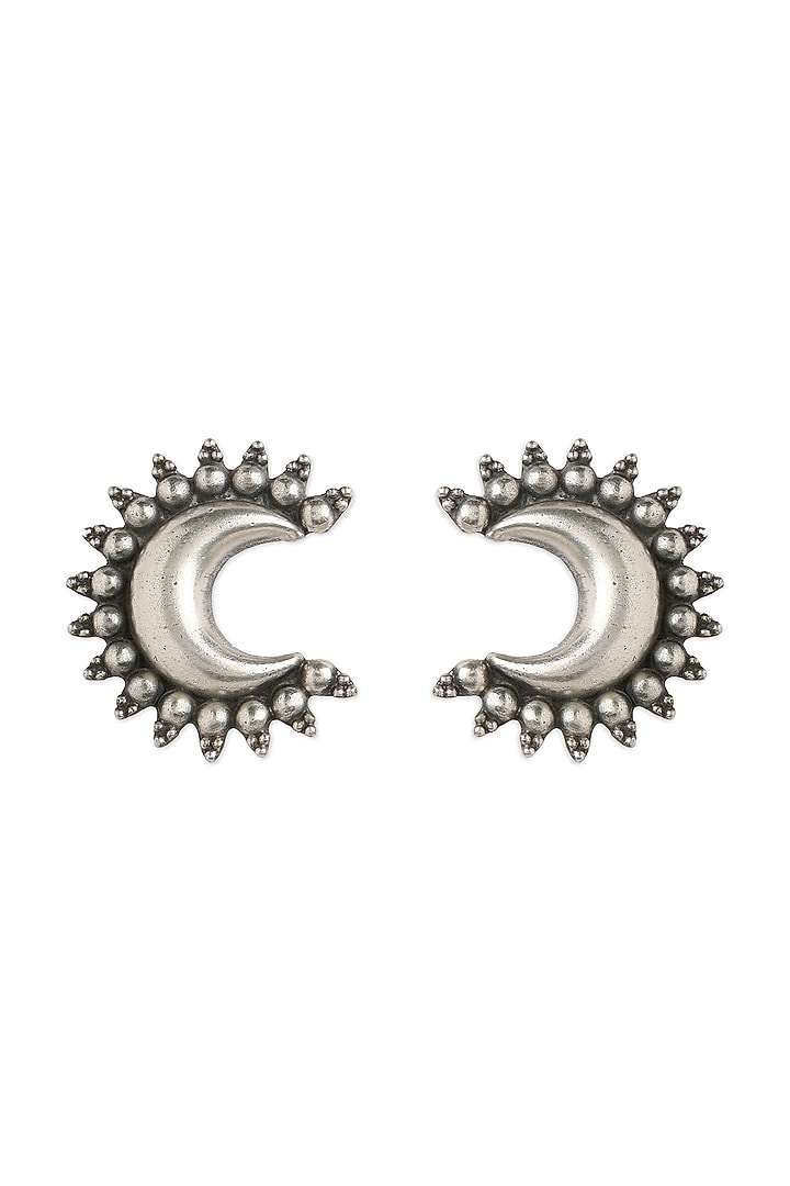 Silver Finish Moon Stud Earrings With Ring In Sterling Silver by Ahilya Jewels at Pernia's Pop Up Shop