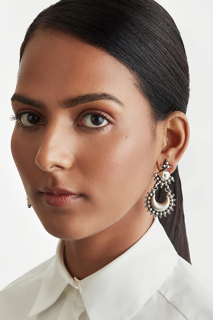 Silver Finish Crescent Moon Chandbaali Earrings With Ring In Sterling Silver by Ahilya Jewels