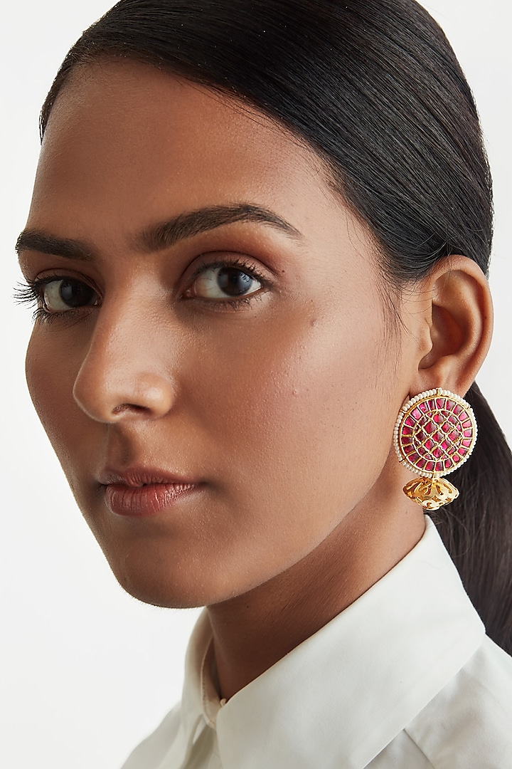 Gold Plated Ruby Synthetic Stone Stud Earrings With Ring In Sterling Silver by Ahilya Jewels
