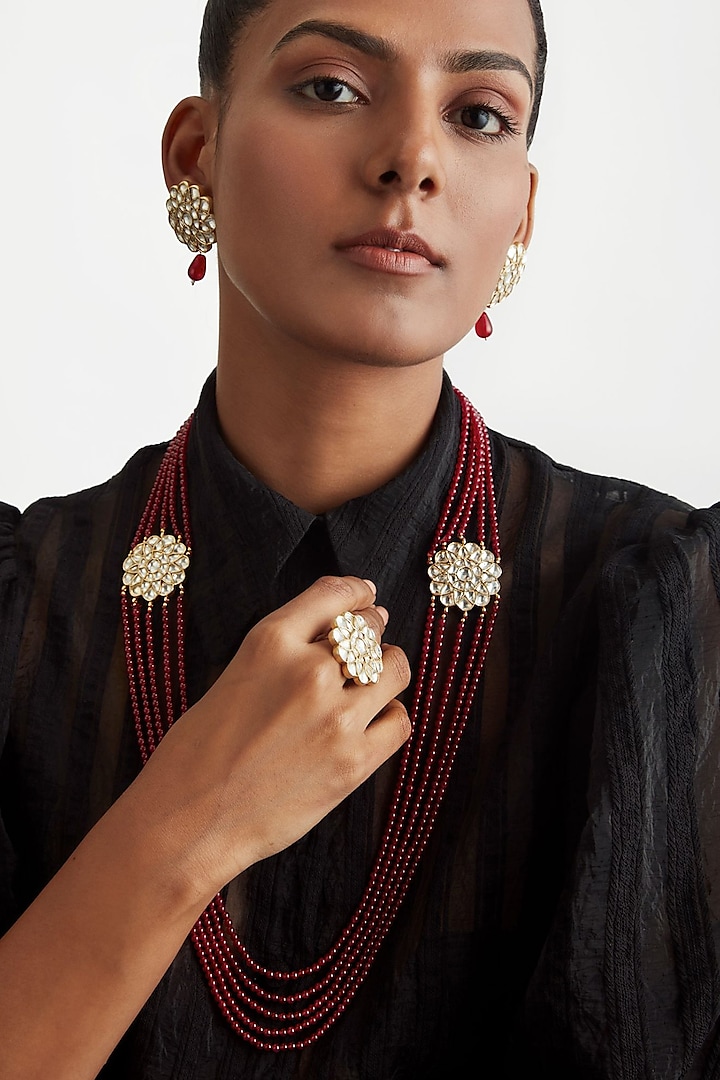 Gold Plated Ruby Synthetic Stone Long Necklace Set In Sterling Silver by Ahilya Jewels