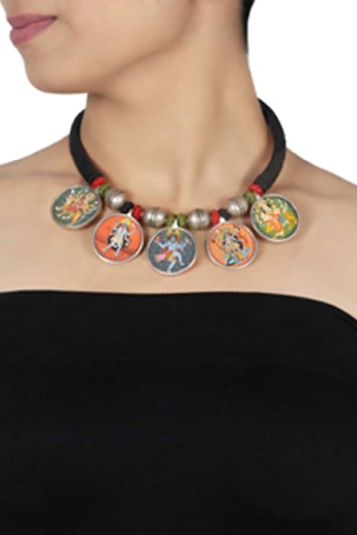 Silver Finish Hand Painted Reversible Necklace by Ahilya Jewels