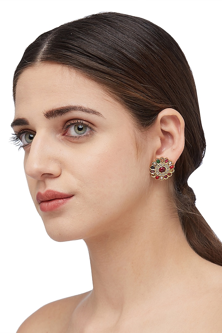 Gold Plated Navratna Stone Stud Earrings In Sterling Silver Design by  Ahilya Jewels at Pernia's Pop Up Shop 2023