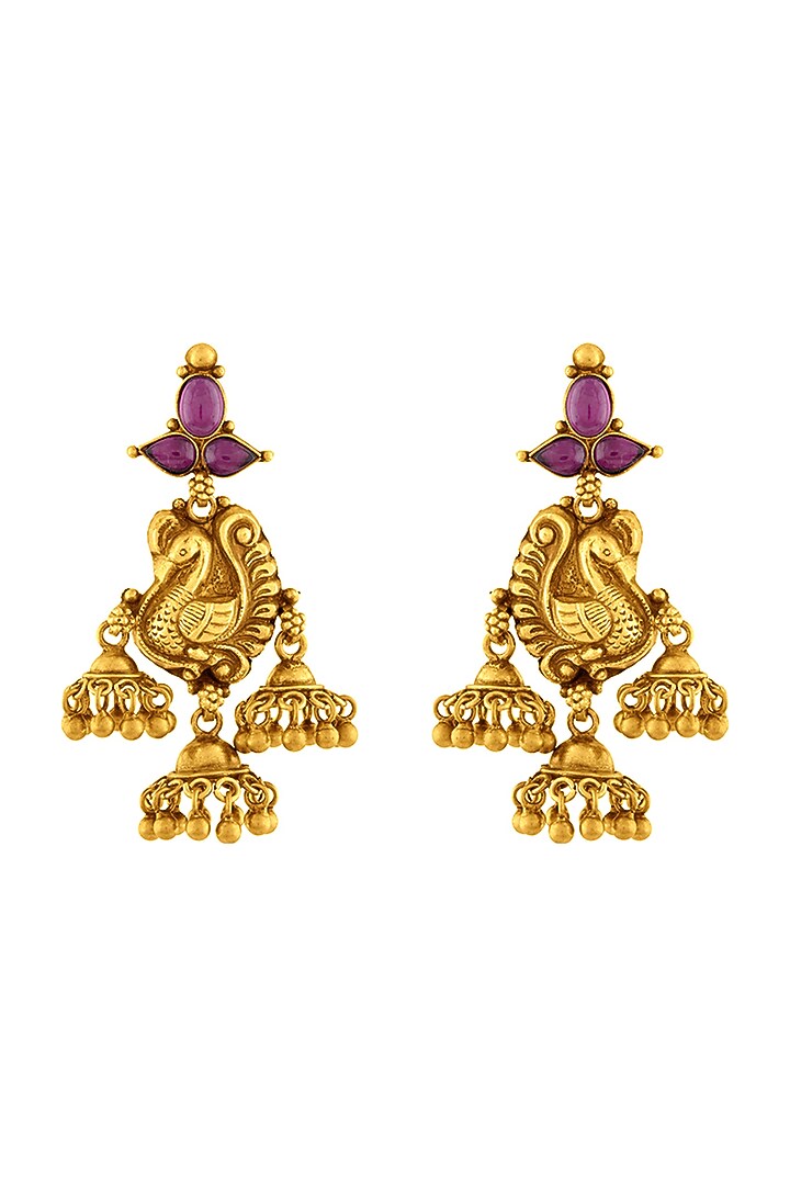 Gold Plated Peacock Temple Jhumka Earrings by Ahilya Jewels at Pernia's Pop Up Shop