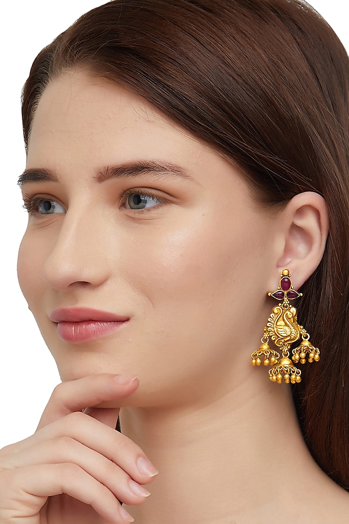 Gold Plated Peacock Temple Jhumka Earrings by Ahilya Jewels