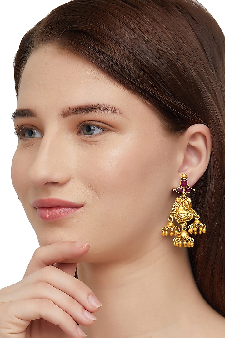 Gold Plated Peacock Temple Jhumka Earrings by Ahilya Jewels at Pernia's Pop Up Shop