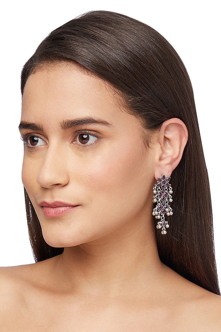 Silver Finish Temple Chandelier Earrings by Ahilya Jewels
