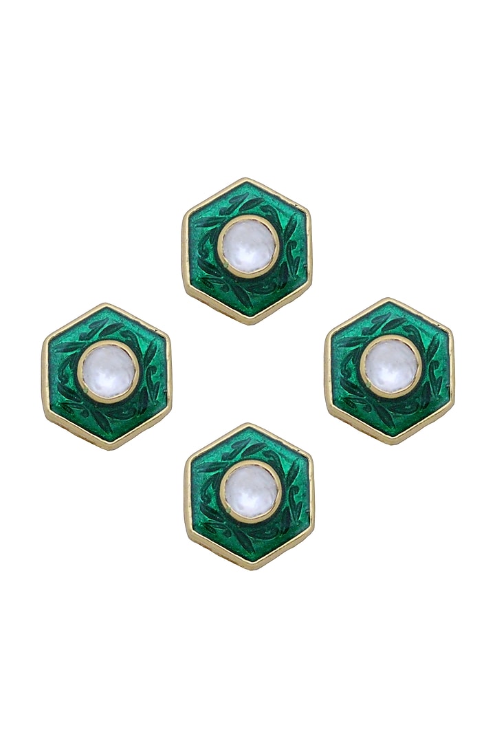 Gold Finish Emerald Green Jadau Kurta Buttons by Ahilya Jewels