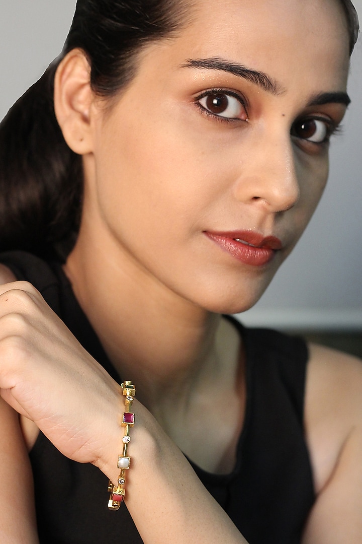 Gold Plated Navratna Stones Bangle In Sterling Silver by Ahilya Jewels at Pernia's Pop Up Shop